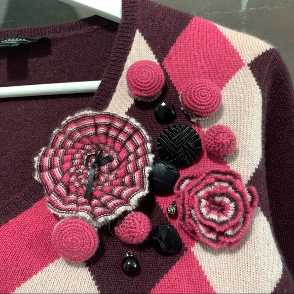 Weekend MaxMara 100% Cashmere Sweater Maglia V-neck Check Flowers details Size M - Picture 2 of 6